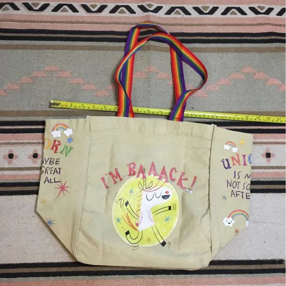 Unicorn is maybe not so great book Large tote bag rainbow strap